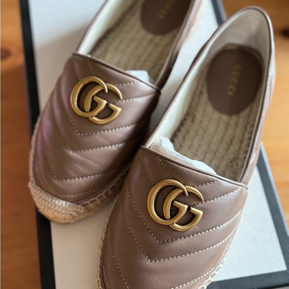 Gucci Brown Espadrilles with Quilted Leather and Gold Emblem